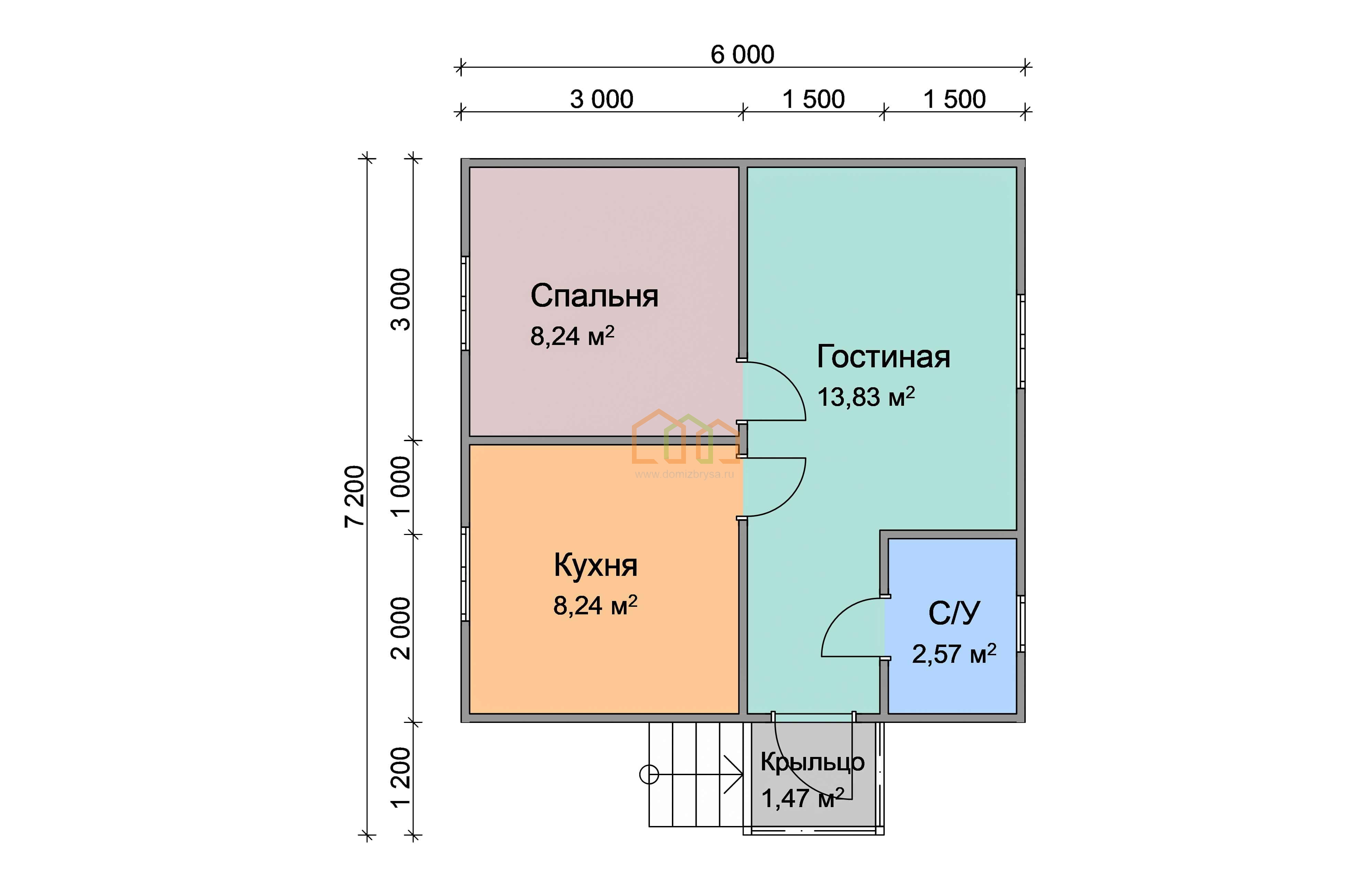 Дом из бруса одноэтажный 6х6 купить в во Фрязино цена 819500, площадь: 39  м2, Брус 90х140 мм. с крыльцом